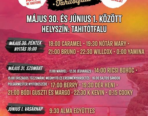Eperfesztivál Tahitótfalu 2025 – koncertek: Nótár Mary, Bódi Guszti és Margó, Mihályfi Luca, Fehér Krisztián, KKevin, Caramel, Jolly, Bruno, Dér Heni, Willcox, Yamina, stb.