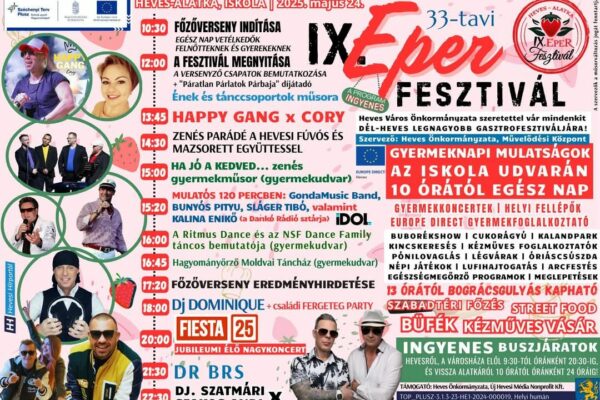 Hevesi Eper Fesztivál 2025 program Ingyenes koncertekkel Dj Szatmári, DR BRS, Happy Gang Heves Eper fesztivál program 2025