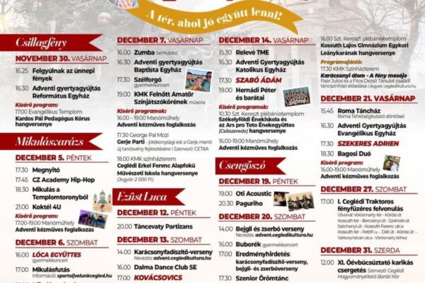 Ceglédi Advent 2025 programok és koncertek