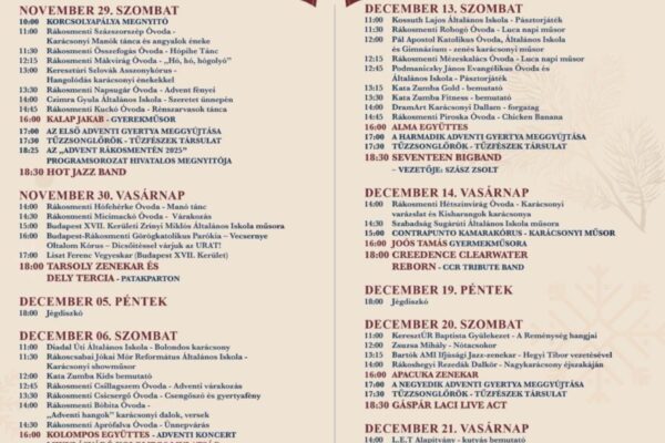 Rákosmente adventi programok és koncertek 2025